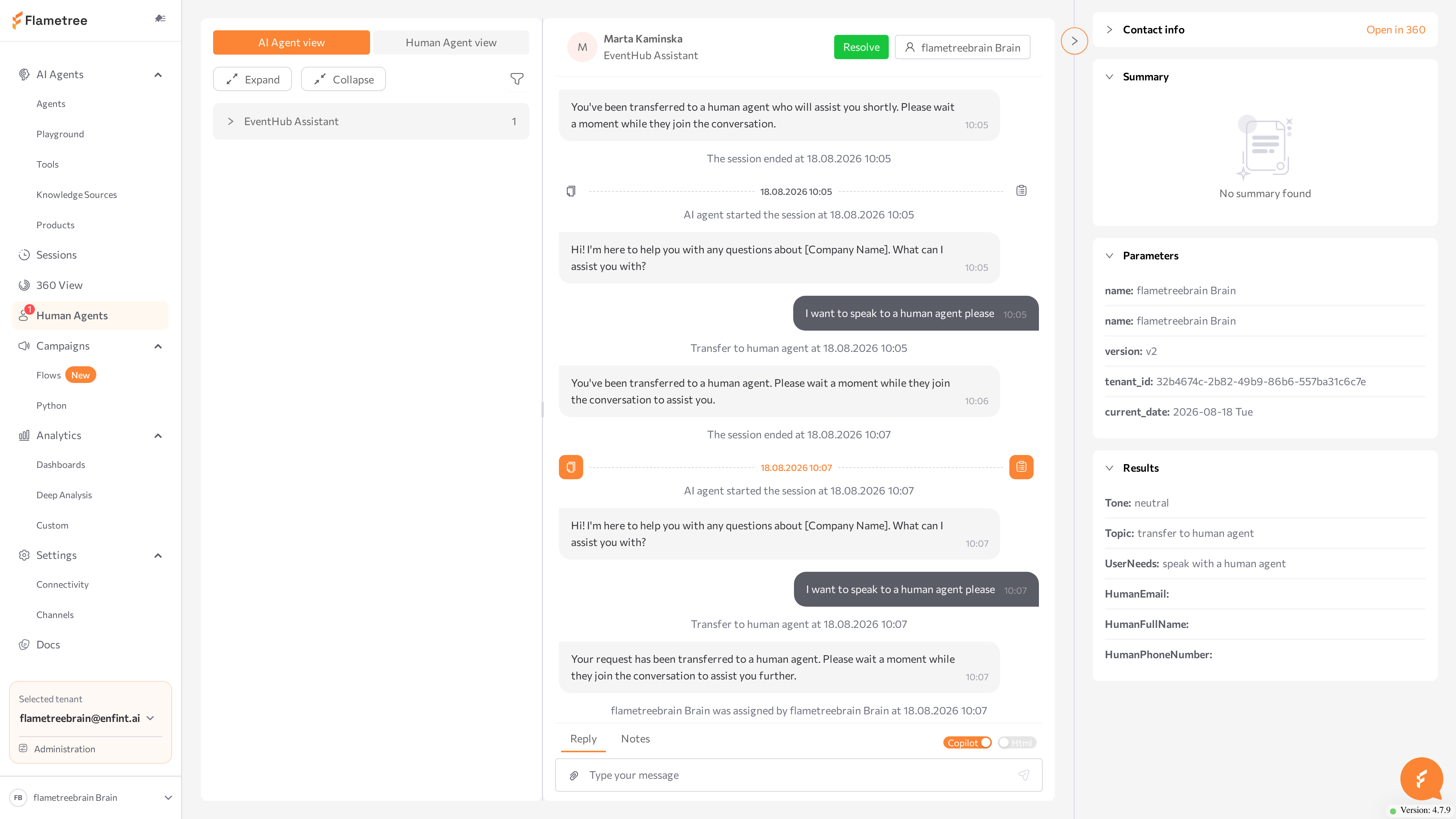 message input with Reply and Notes tabs and the Copilot and Html switches