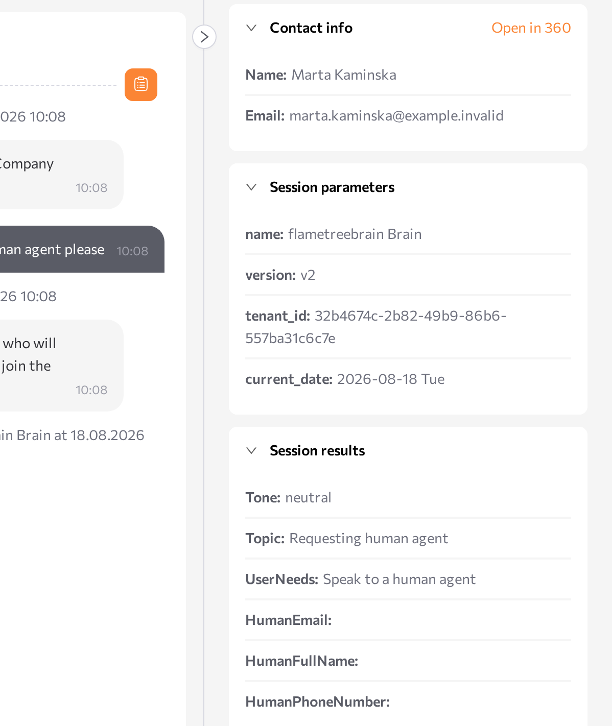 Parameters & results panel with Contact info, Session parameters, and Session results blocks filled