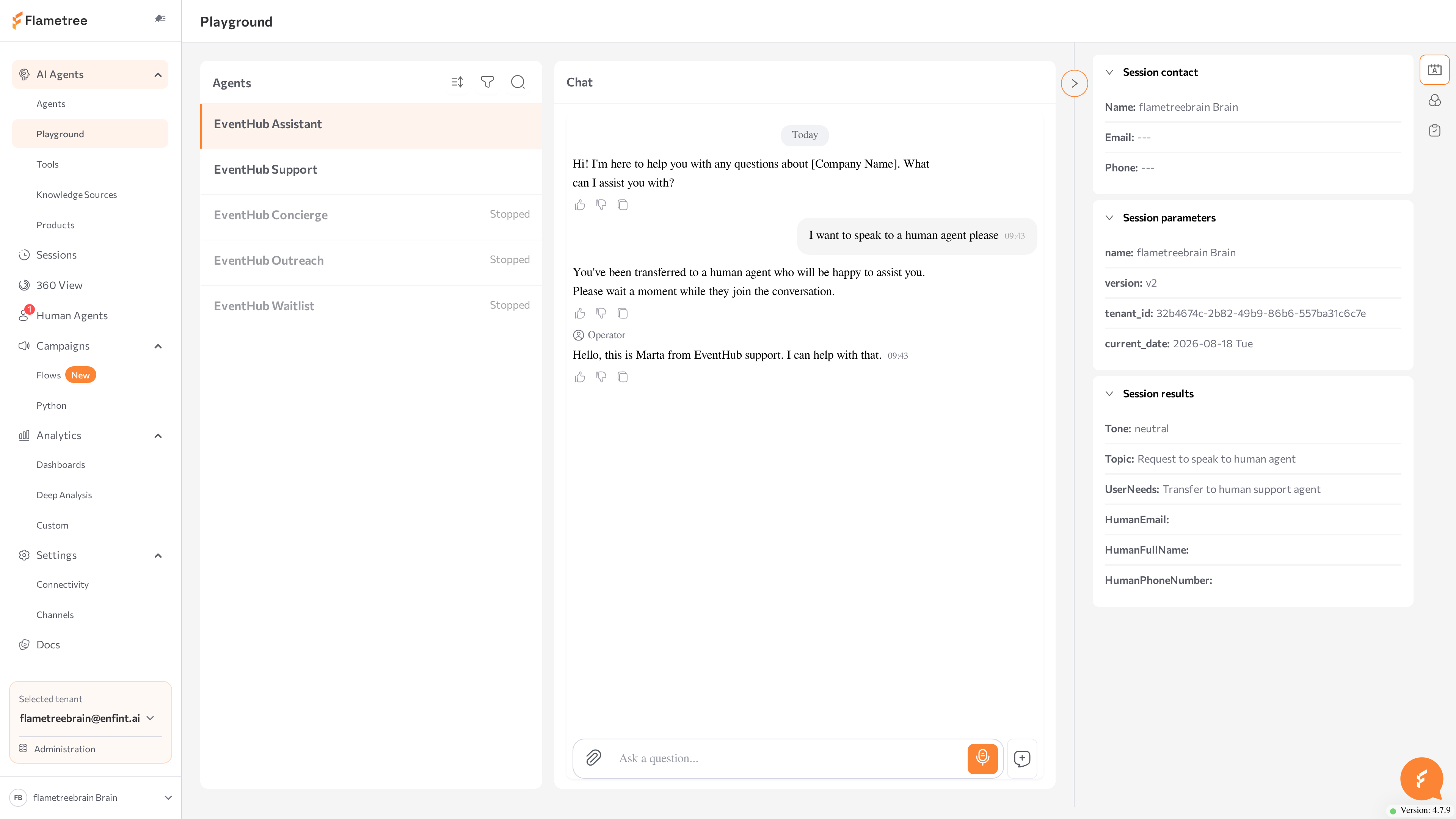 Playground chat showing the handoff moment and an operator reply with the operator icon