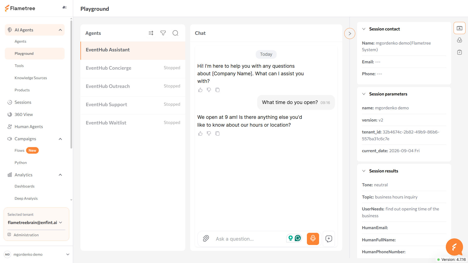 Playground chat where the agent answers a question from a knowledge source