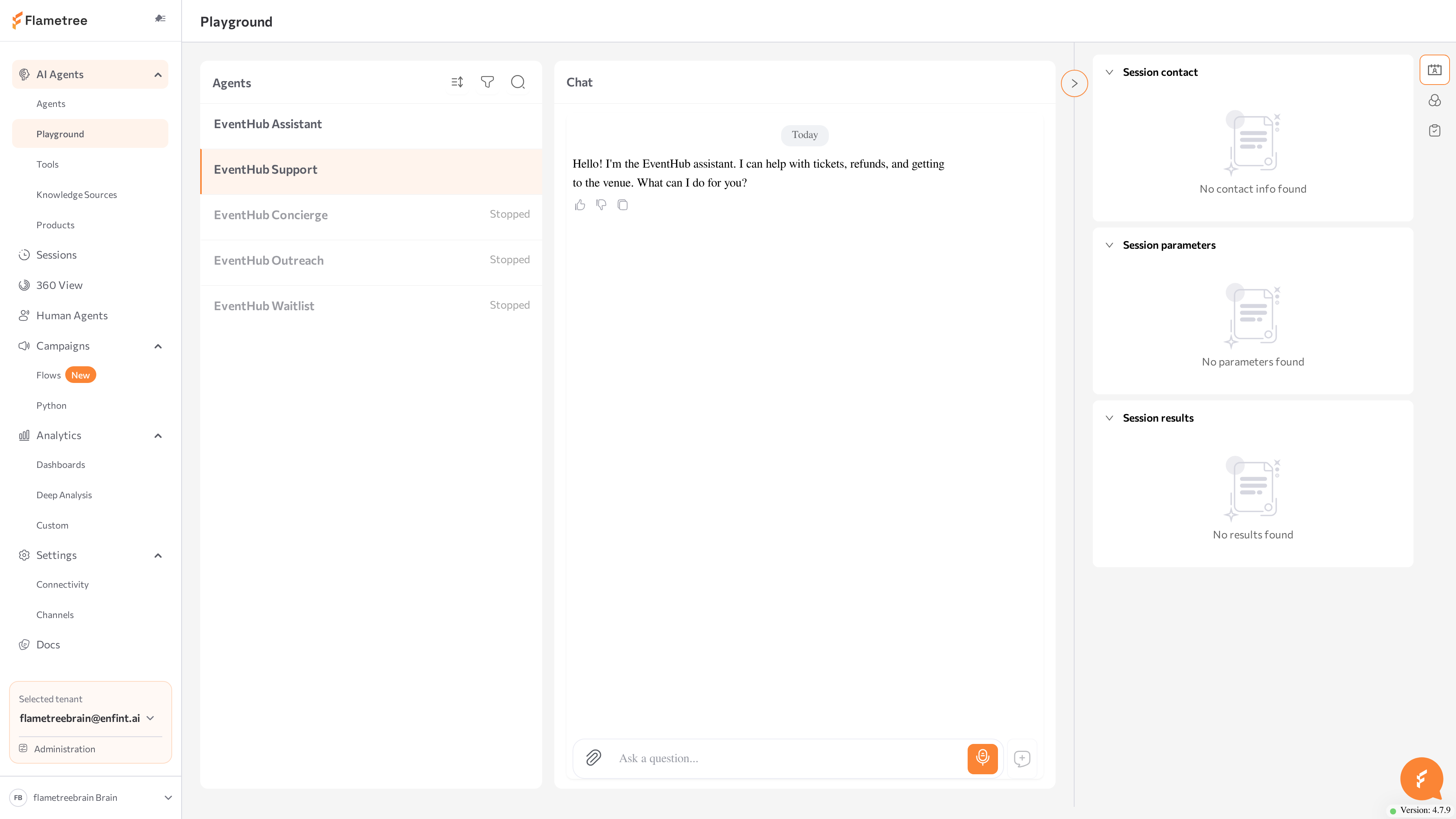 Playground chat with a running agent, the message input, and the Start a new session button