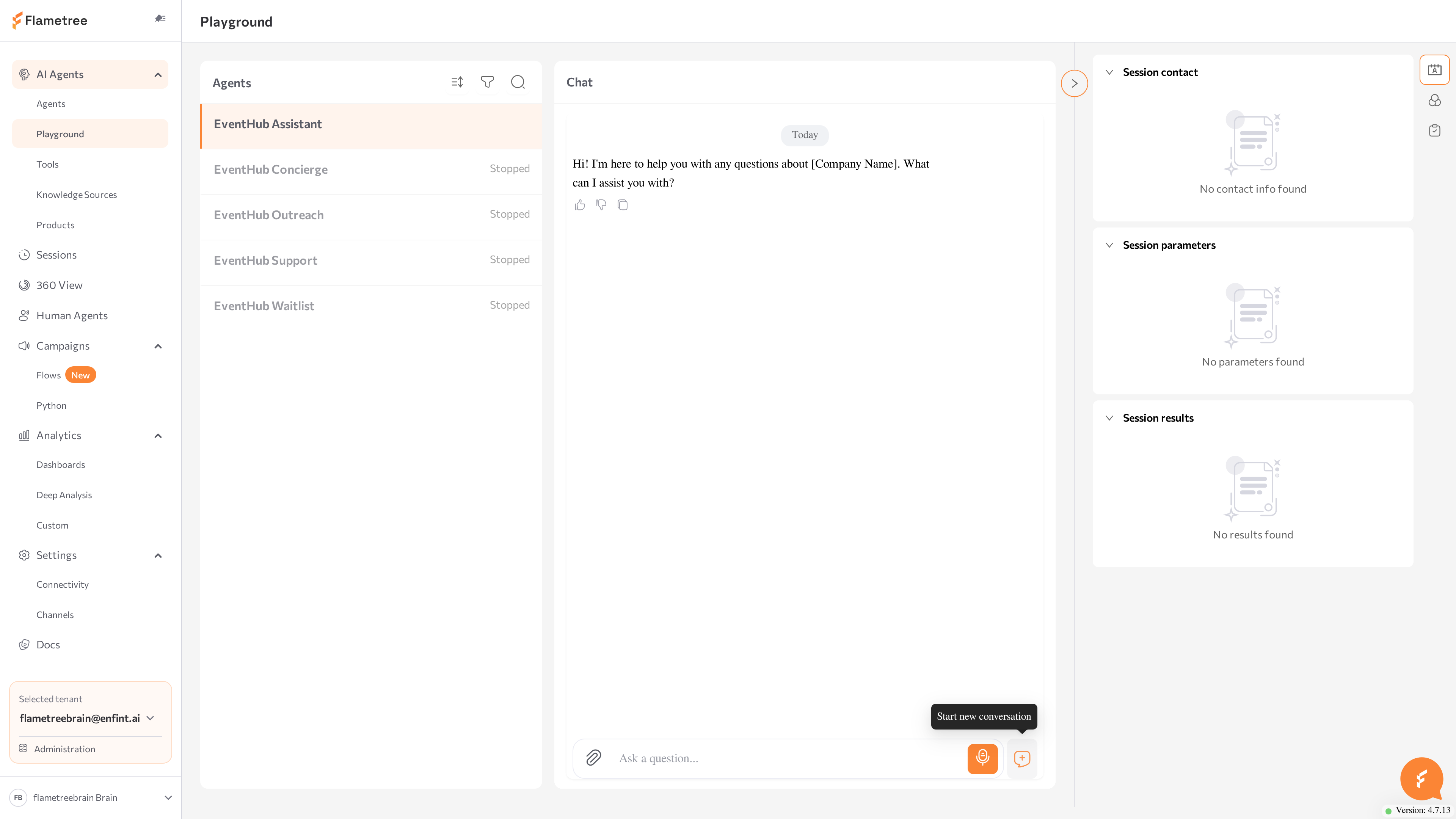 Playground page with the Agents list, the chat area, and the Parameters &amp; results panel