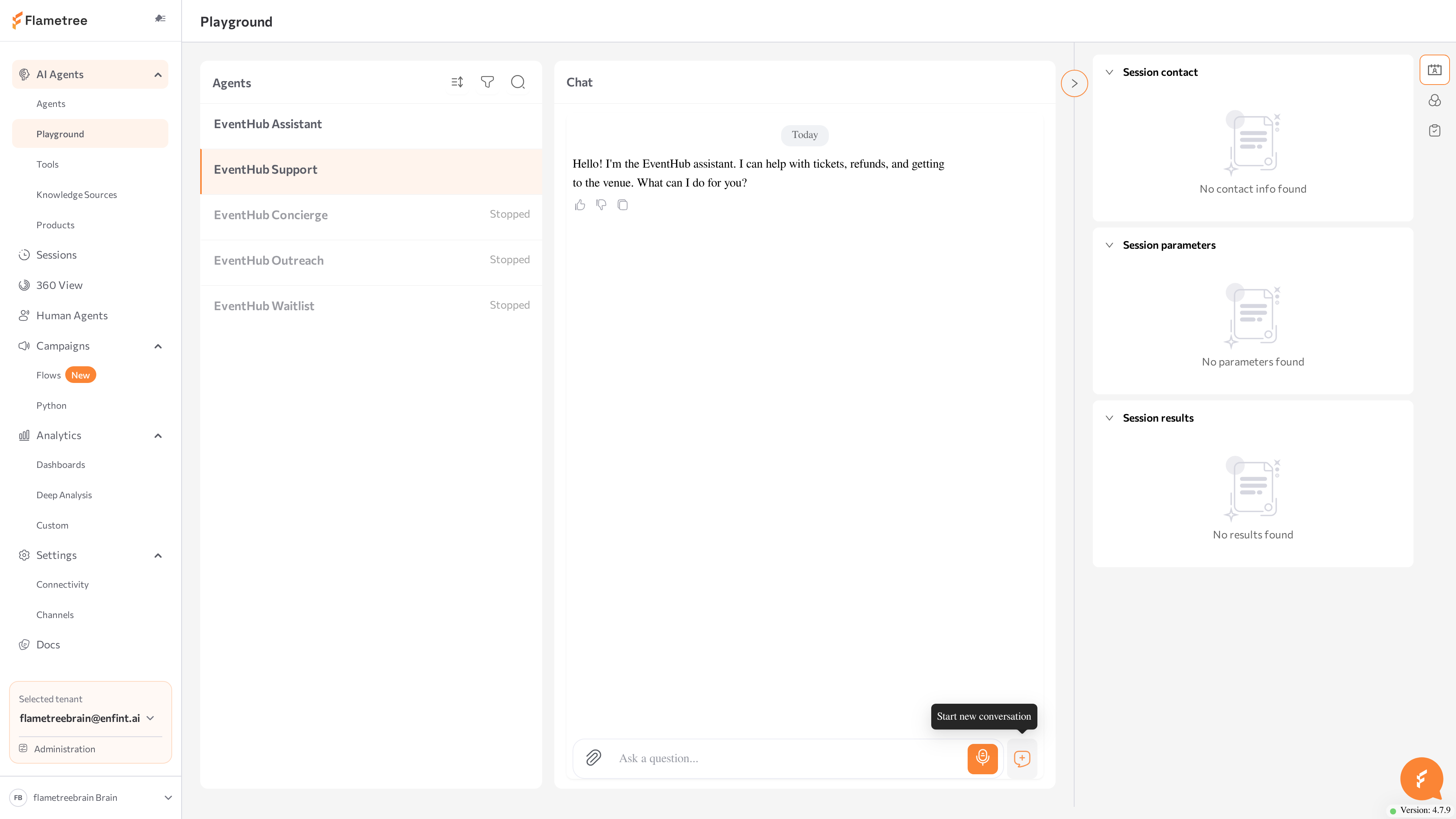 Playground page with the Agents list, the chat area, and the Parameters &amp; results panel