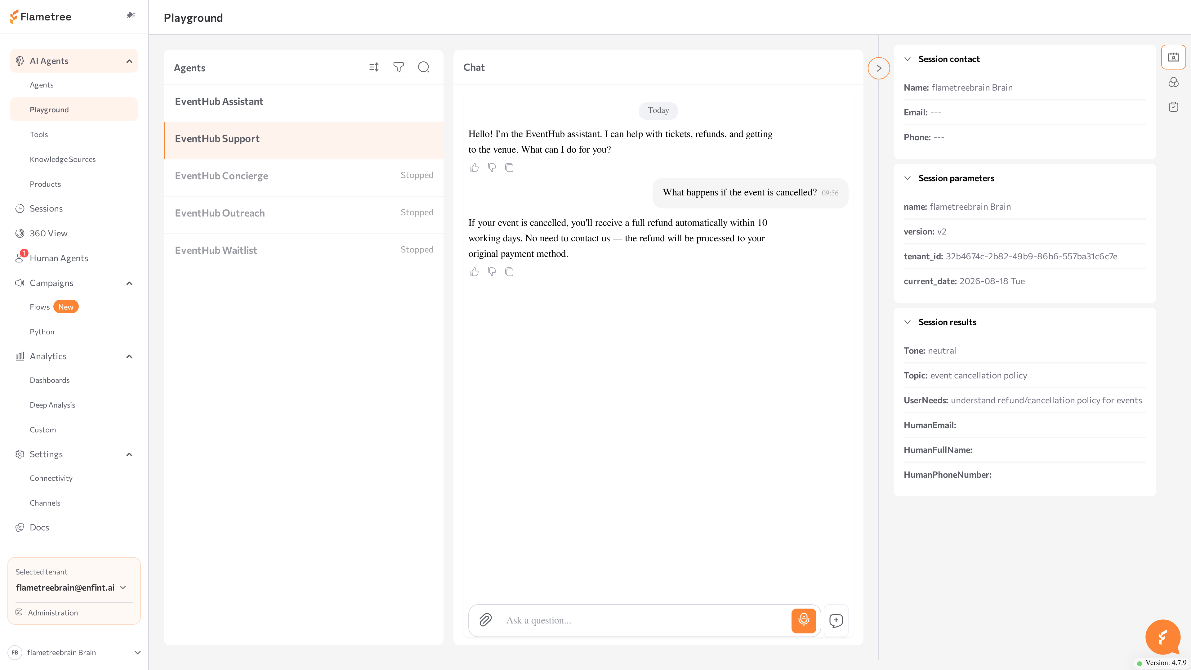 Playground panel with a registration conversation and the Conversation Results block filled in
