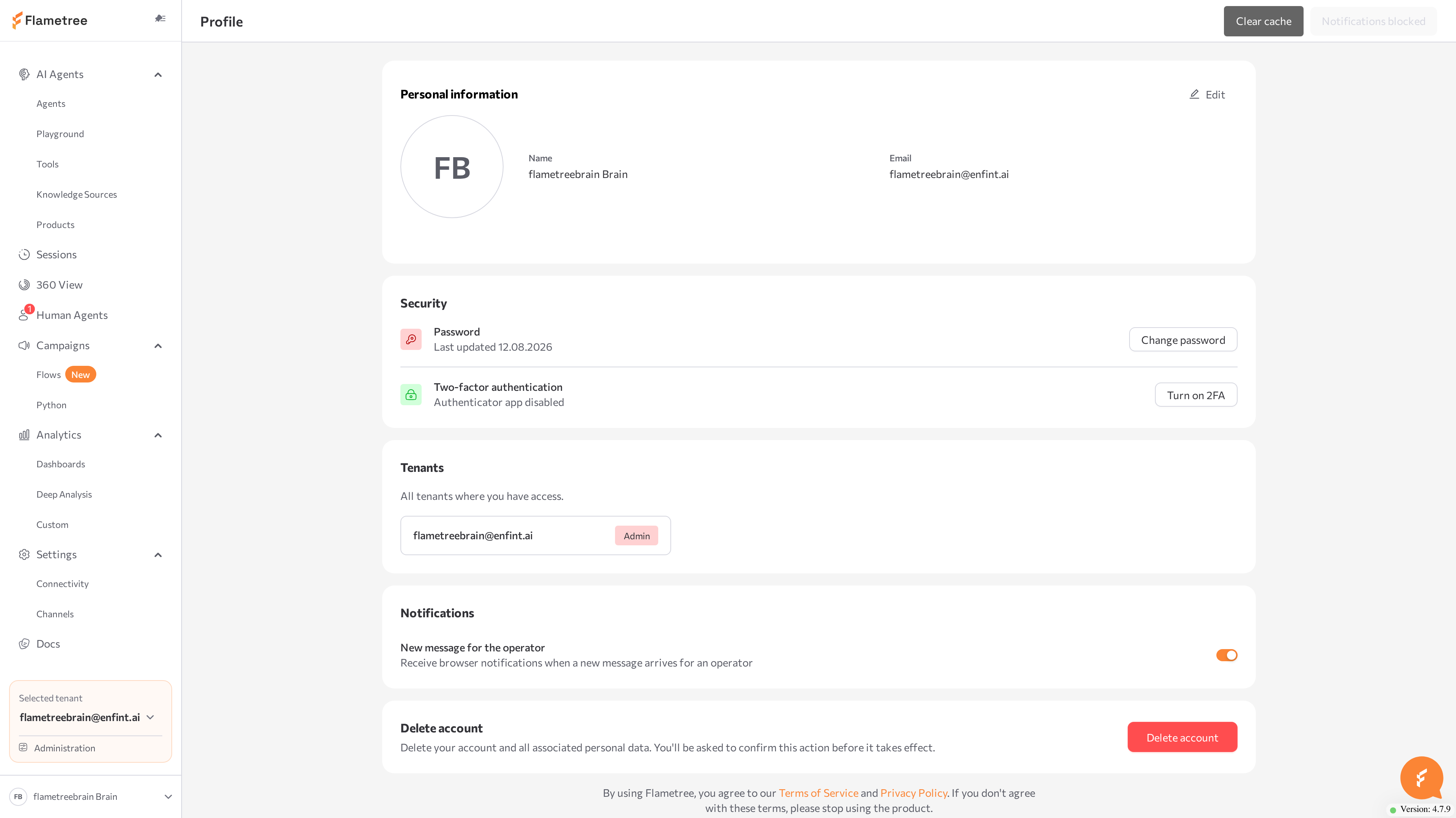 Profile page with the Account tab and the Clear cache and Enable notifications buttons in the header