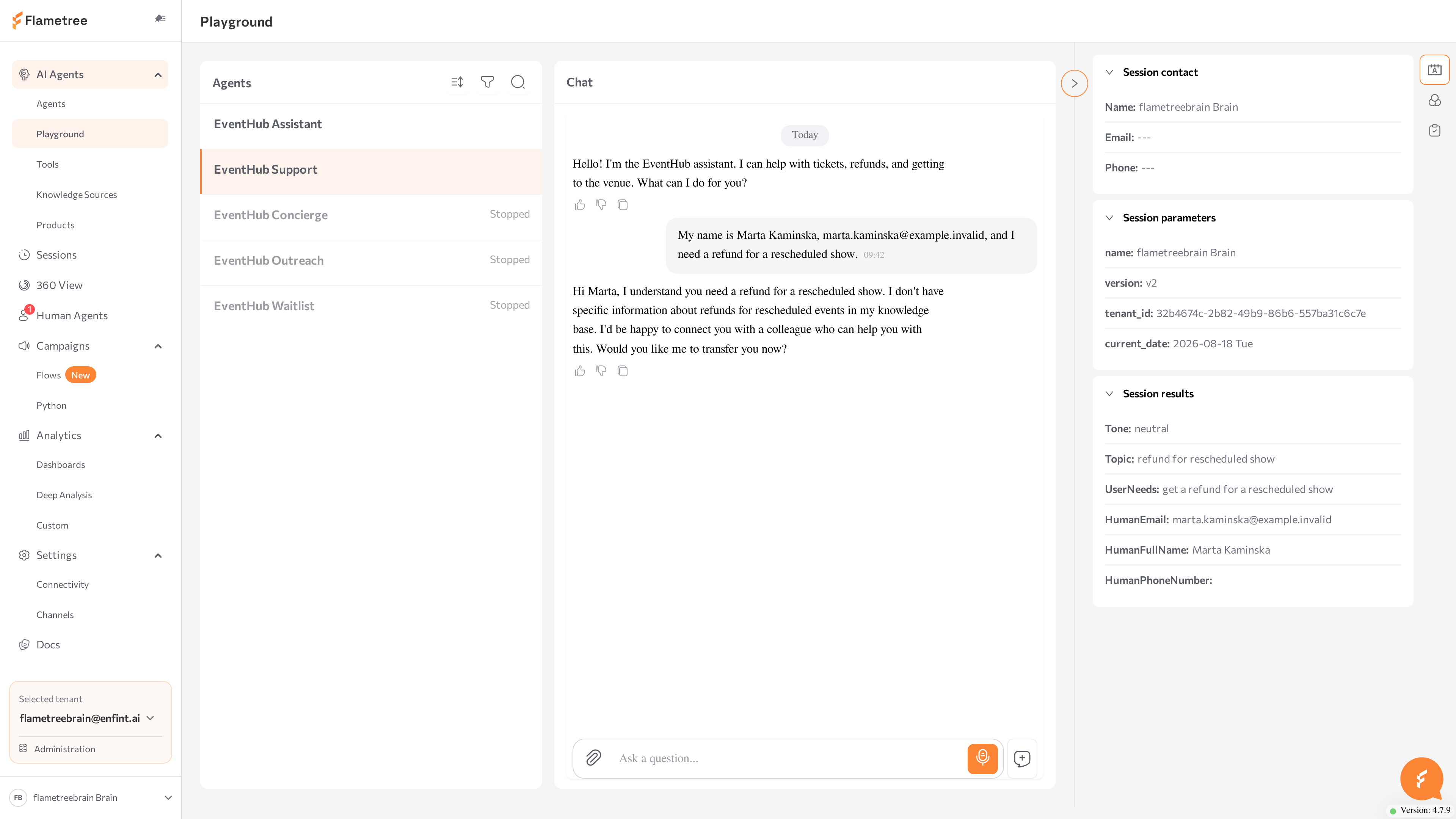 Results tab in the Parameters &amp; results panel filling in during a test conversation