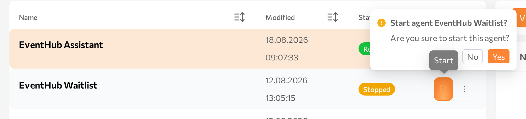 row start button with the Start agent confirmation popup