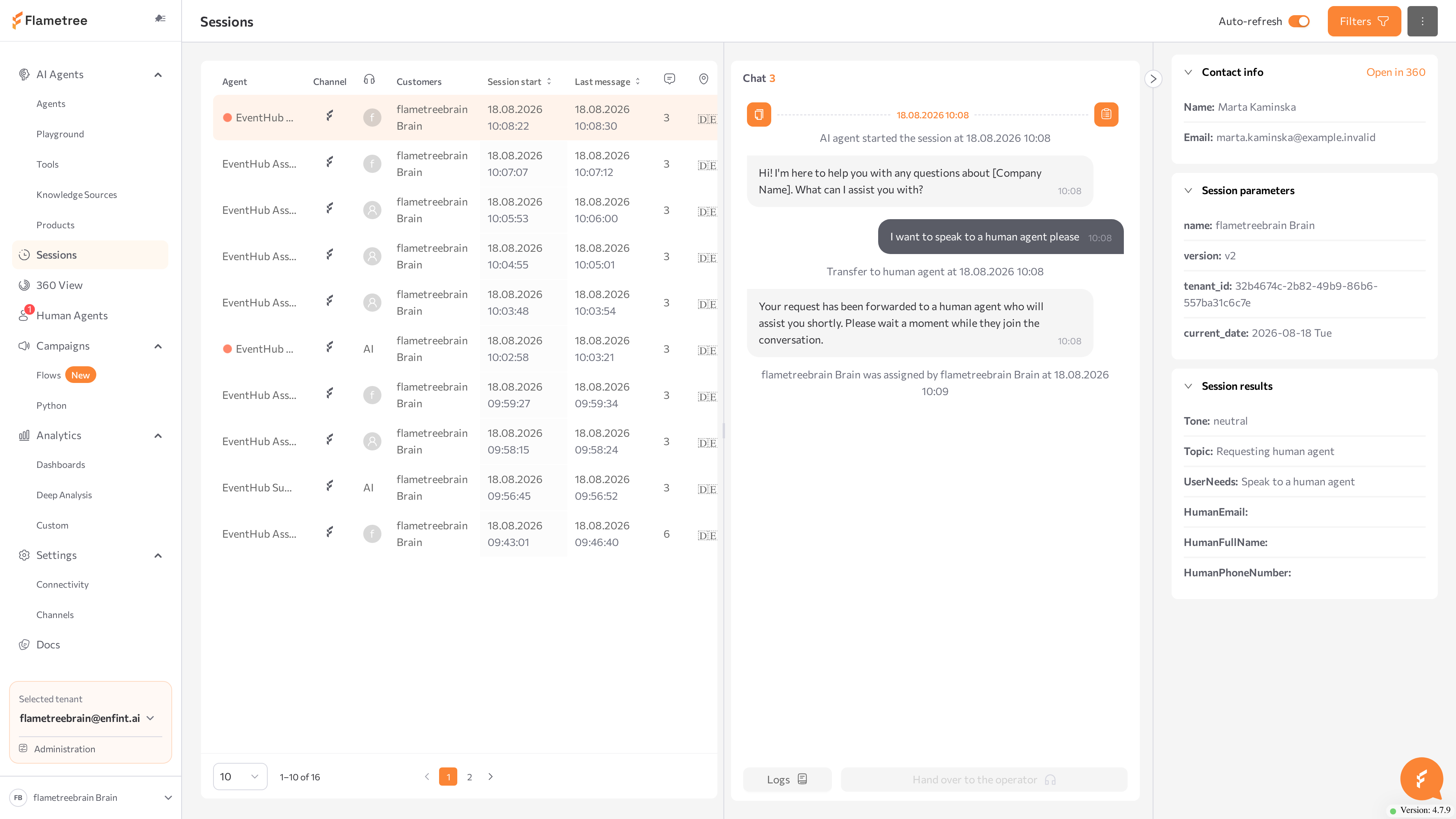 Sessions screen with the sessions table, chat panel, and Parameters & results panel