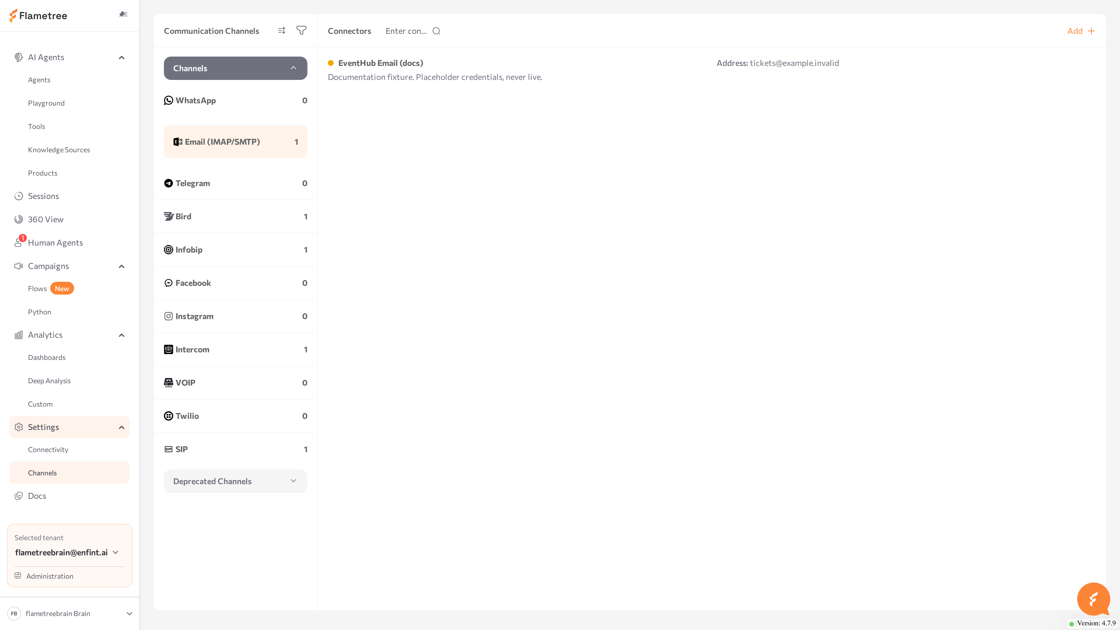 Settings > Channels list with status dots and the details panel open