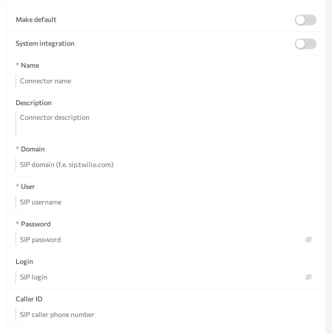 SIP New connector form with Domain, User, Password, Login, and Caller ID