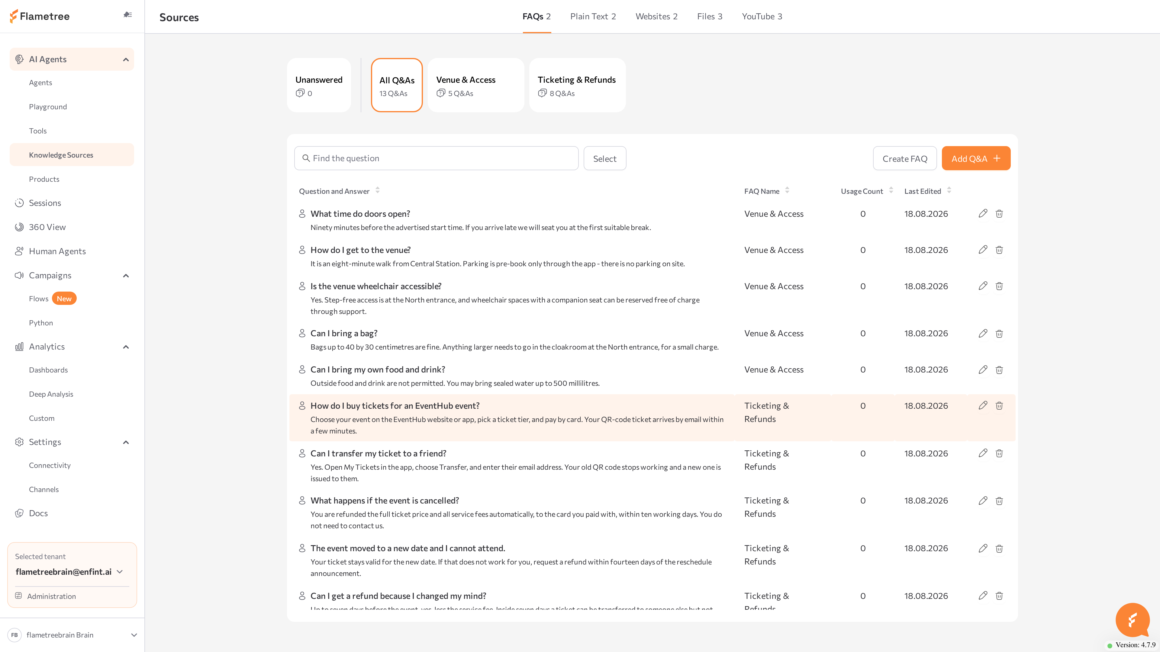 Sources page with the FAQs, Plain Text, Websites, Files, and YouTube tabs