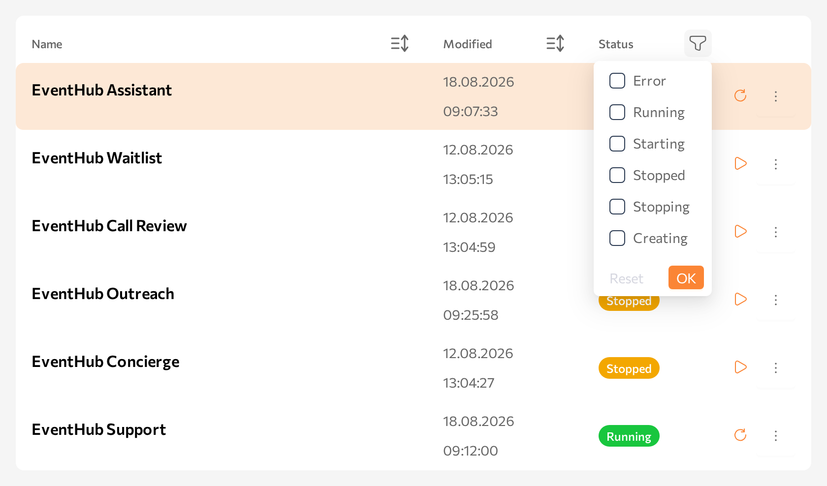 Status column filter open, showing Error, Running, Starting, Stopped, Stopping, Creating