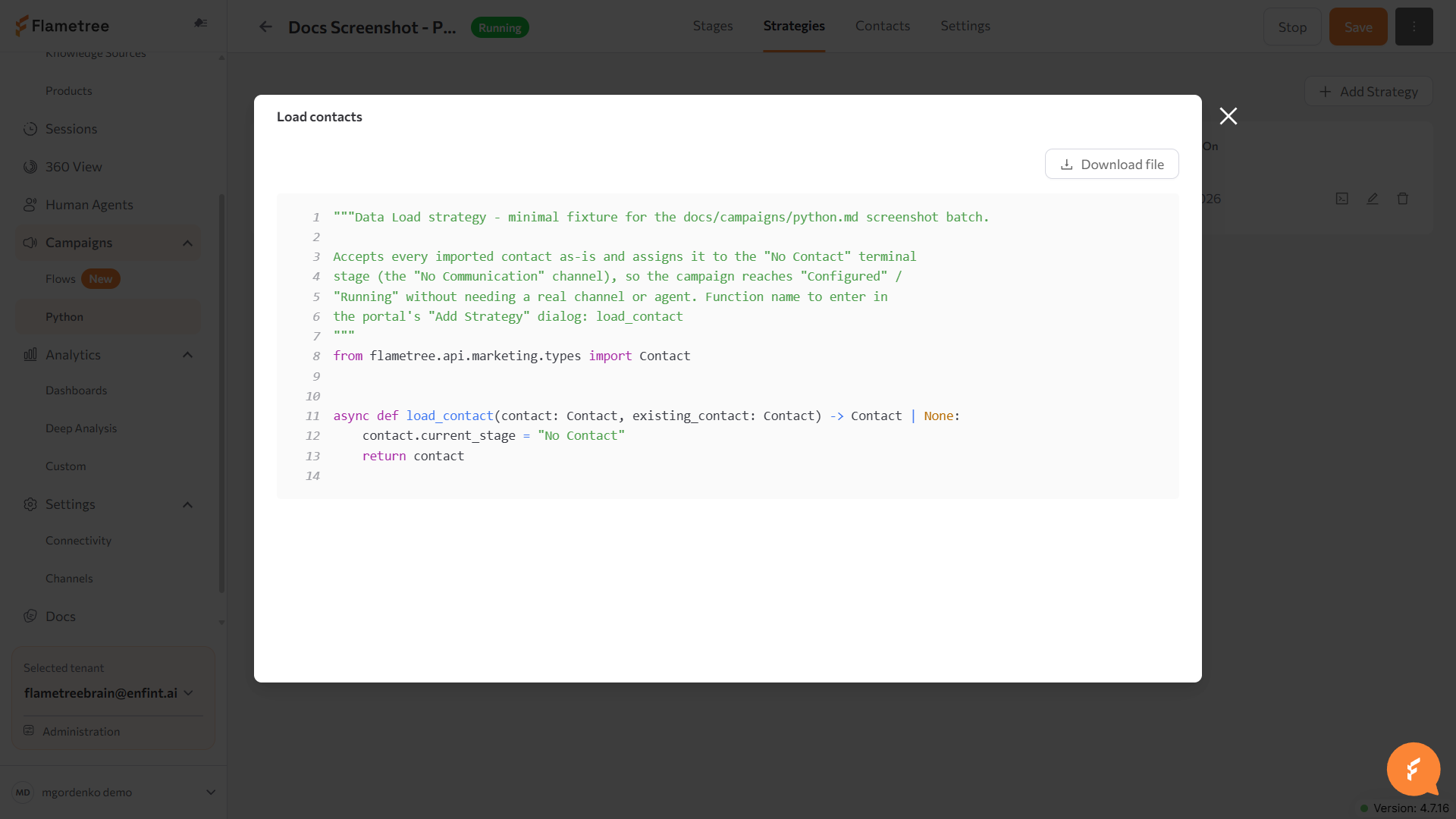 Strategies tab with a strategy row and the Show code viewer open