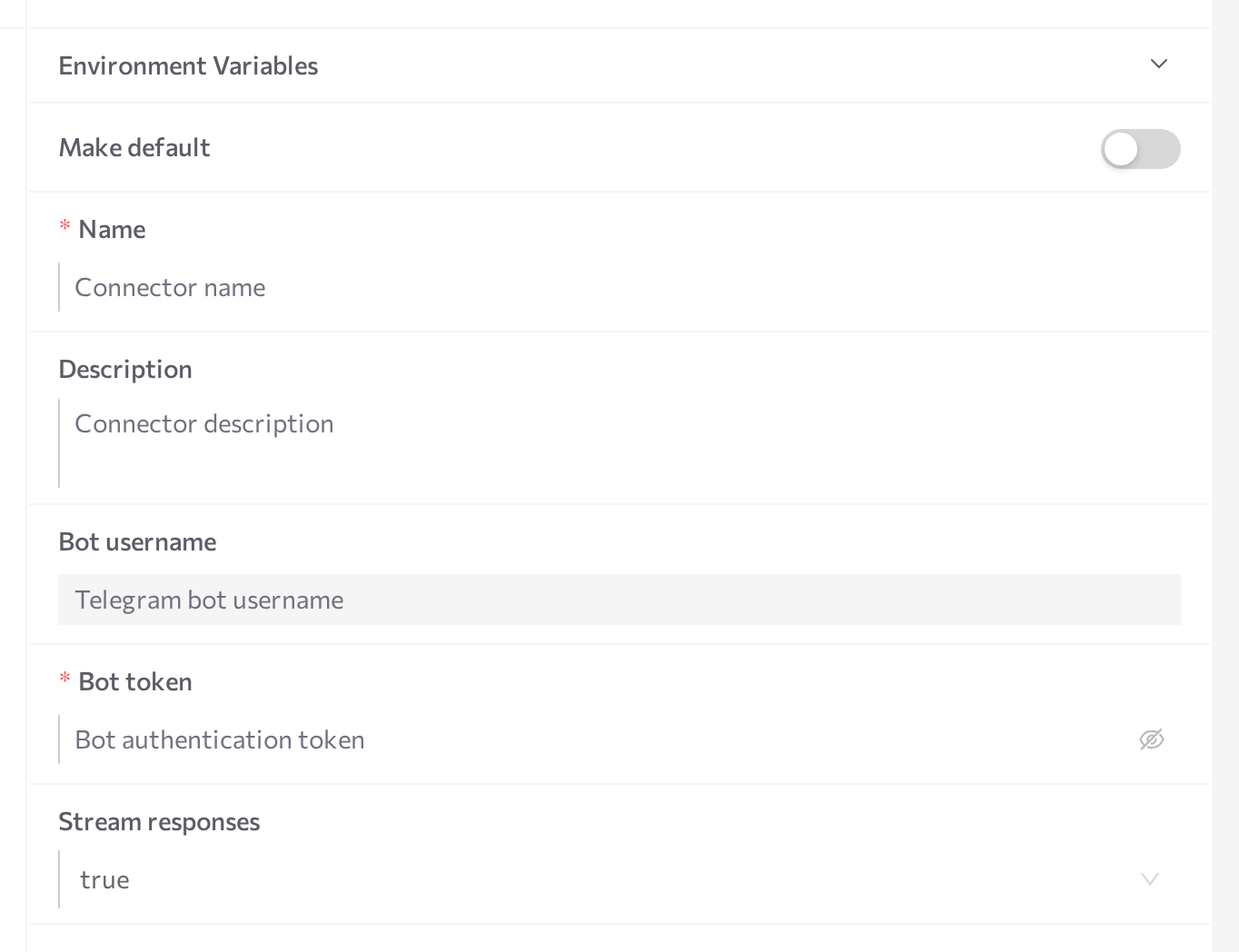 Telegram New connector form with Name, Bot token, and Stream responses