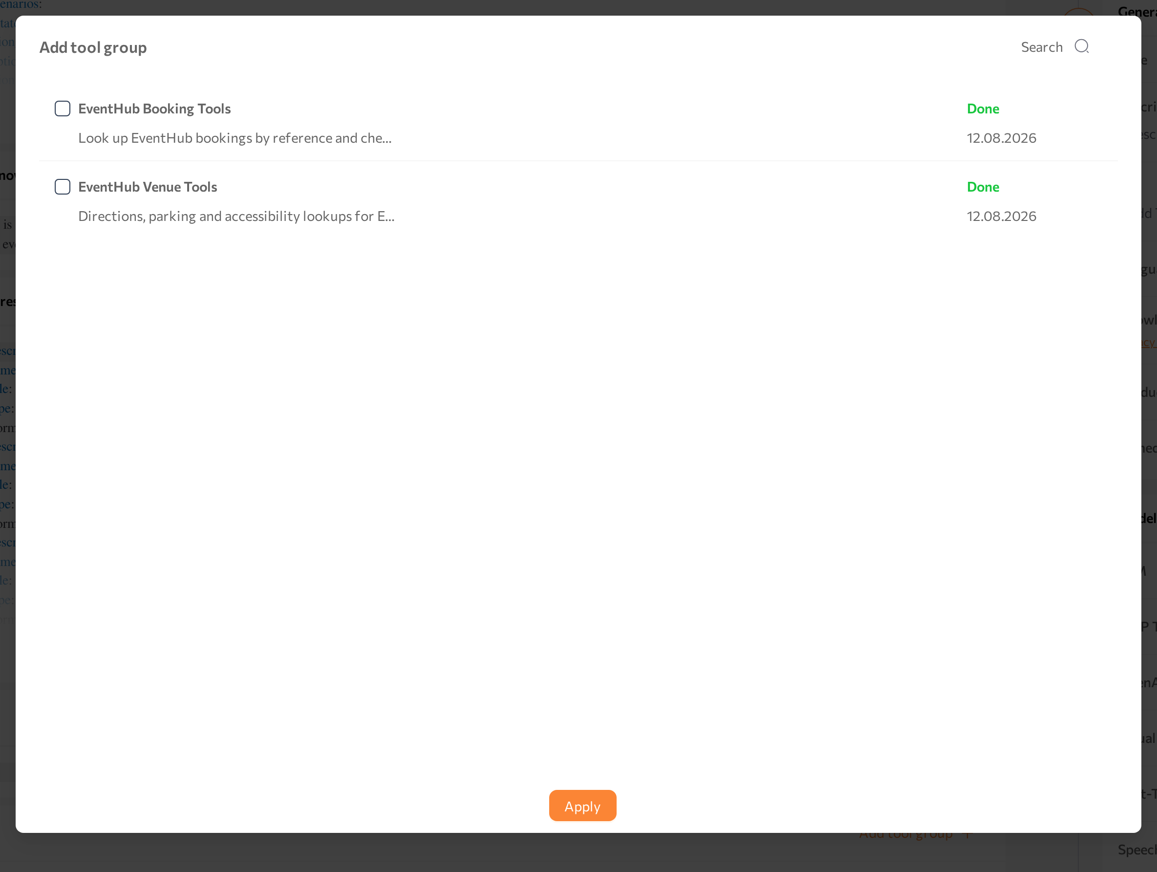 Tool Groups section on the agent page with the Add tool group dialog open