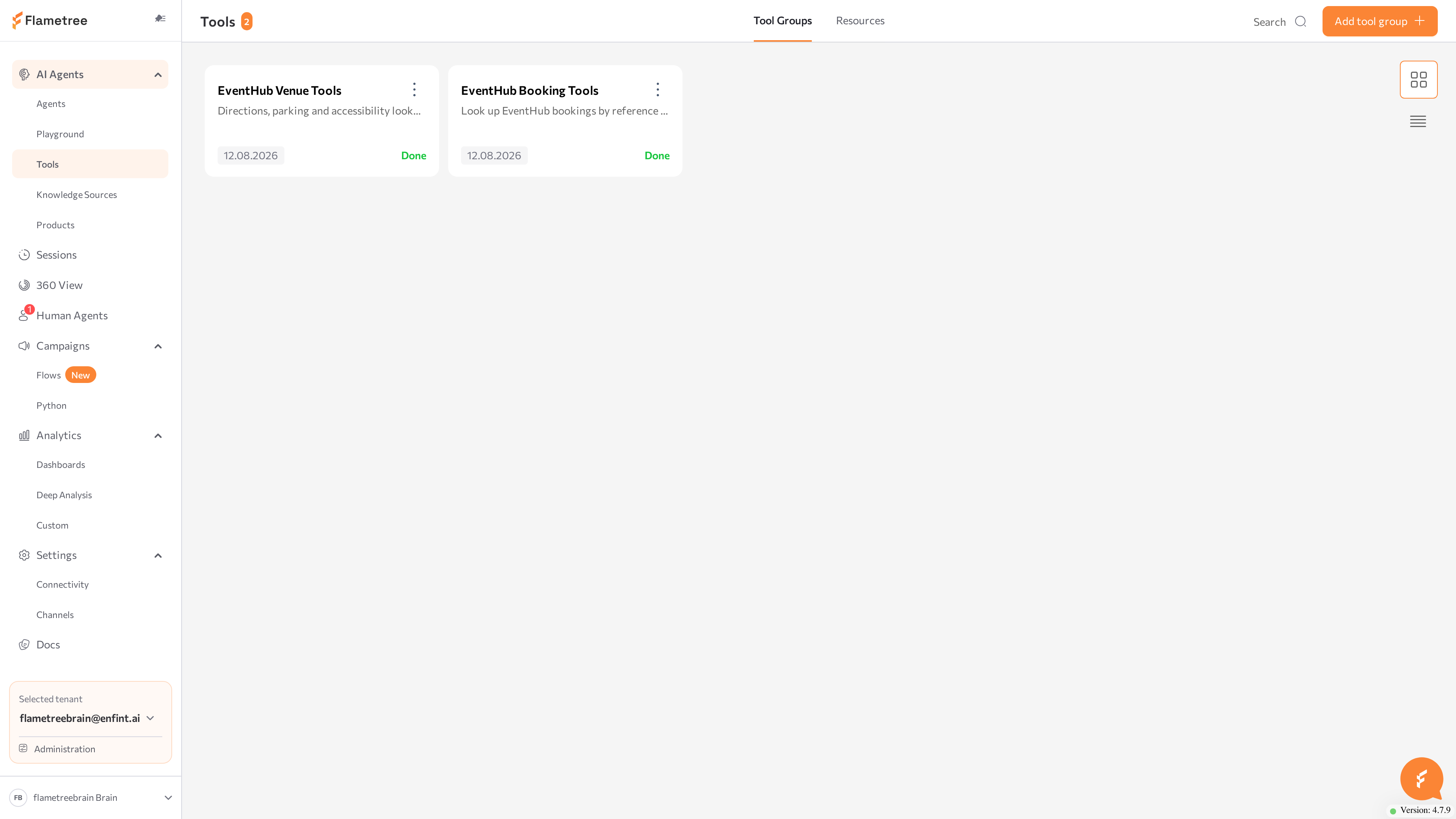 Tools screen with the Tool Groups tab in cards view and the Add tool group button