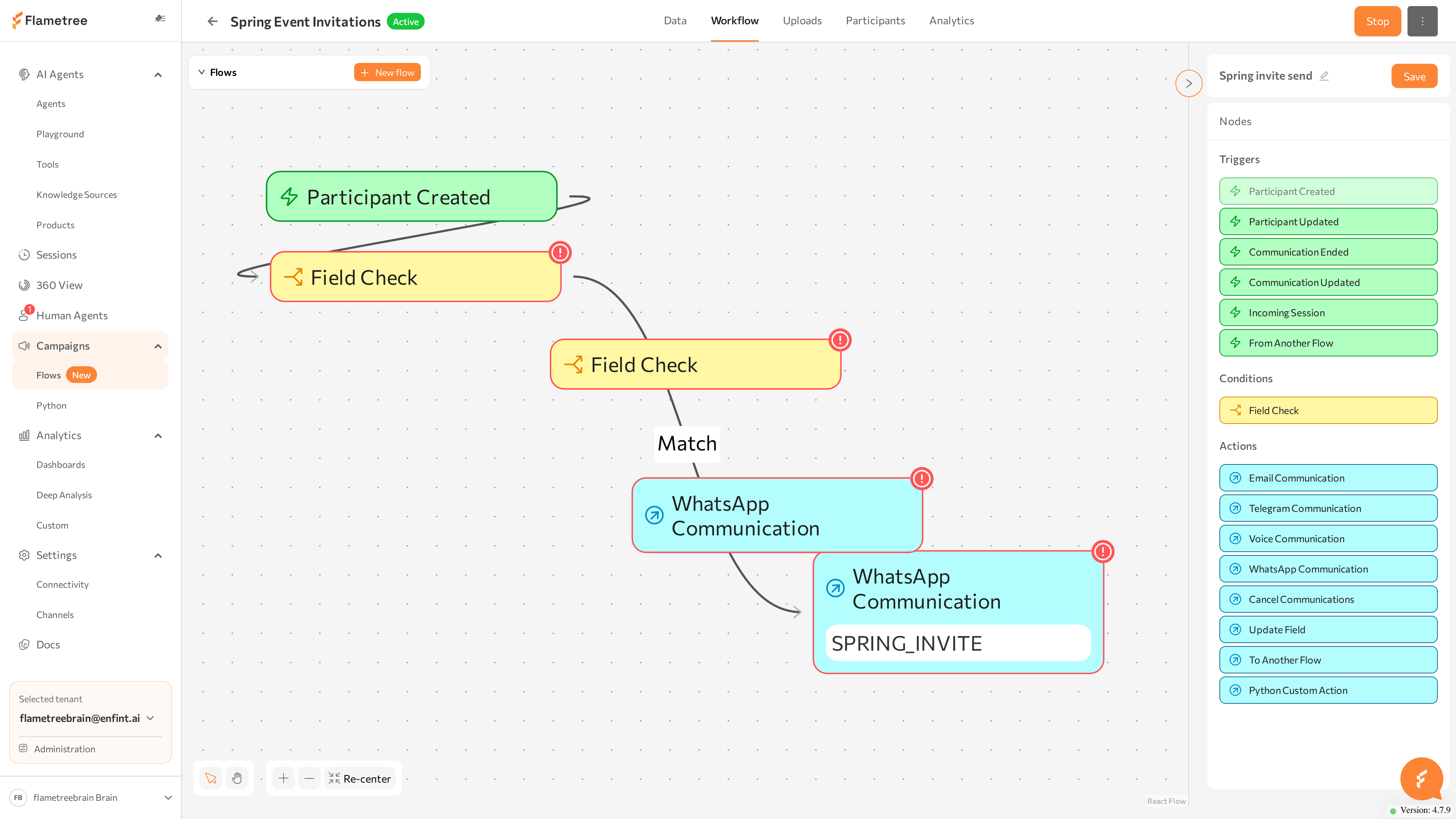 Triggers group in the node palette and a trigger node on the canvas