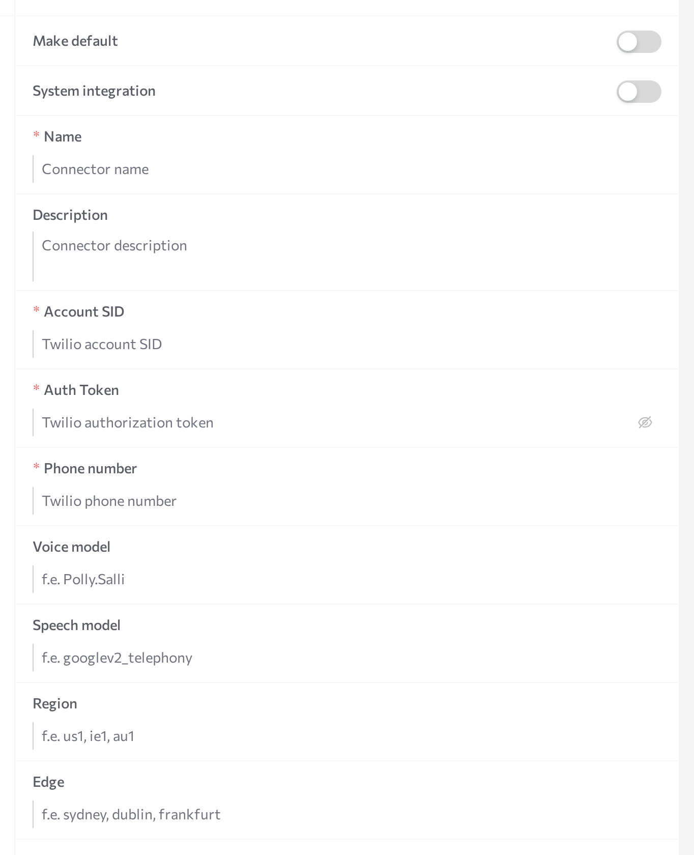 Twilio New connector form with Account SID, Auth Token, and Phone number fields