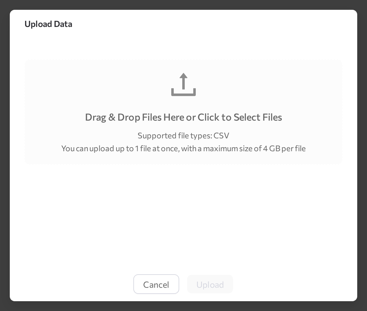 Upload Data dialog with the file drop zone