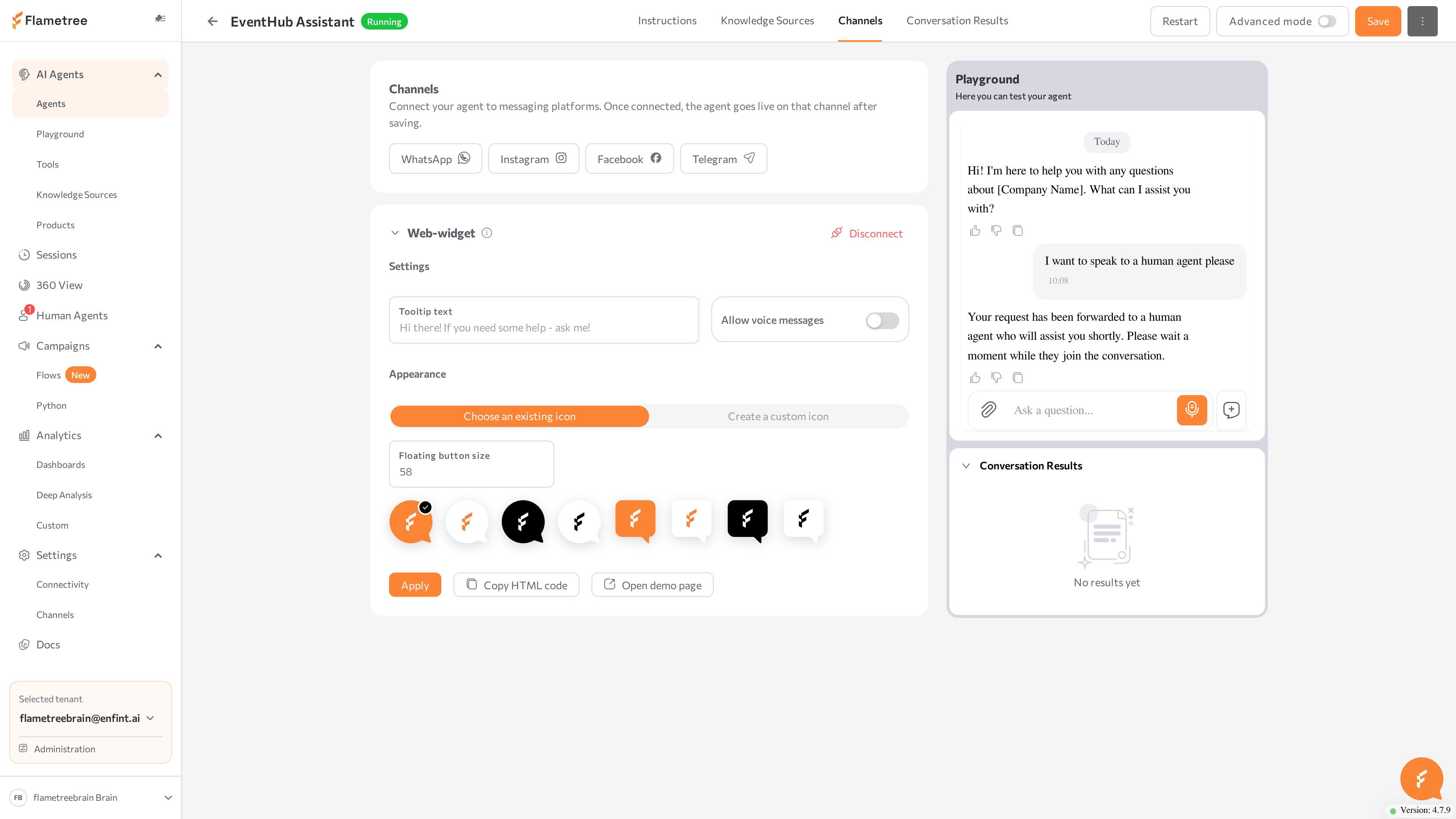 Web widget section on the agent page with icon picker and Html code controls