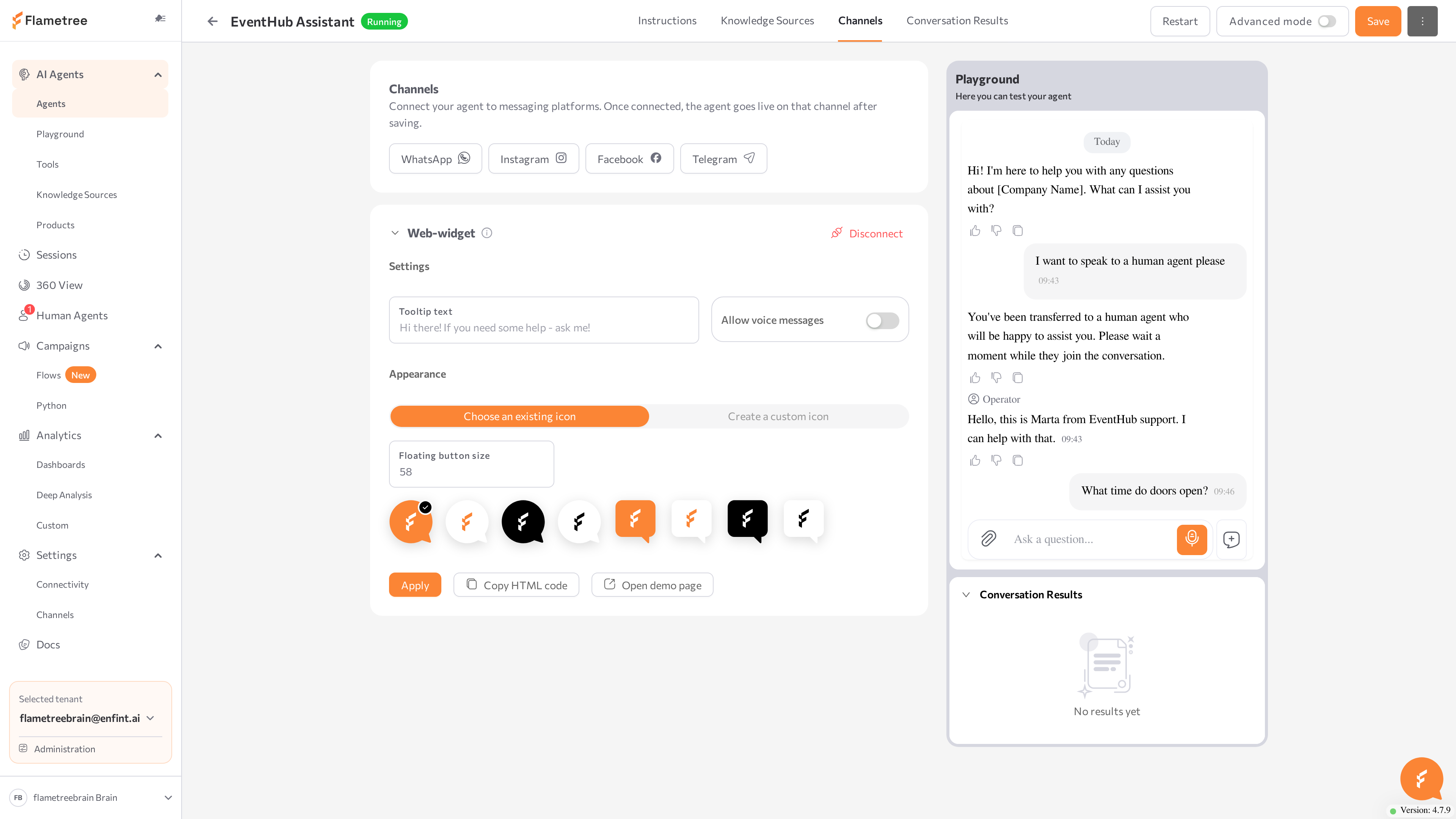 Web-widget settings on the Channels tab with the Copy HTML code and Open demo page buttons