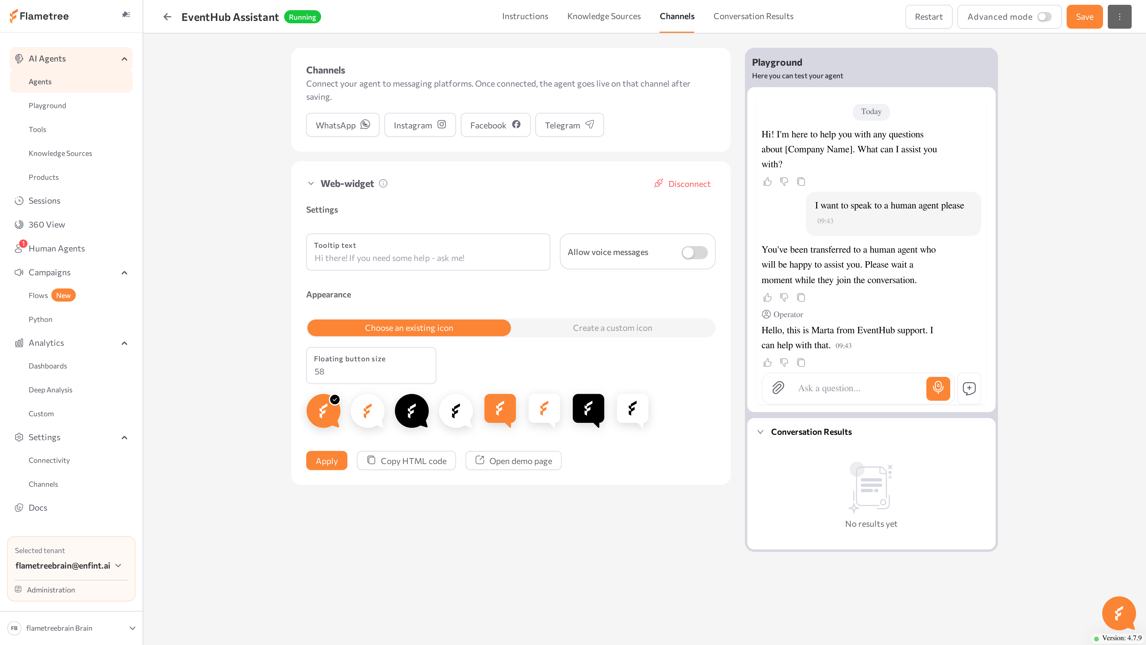 Web-widget settings with Copy HTML code and Open demo page buttons