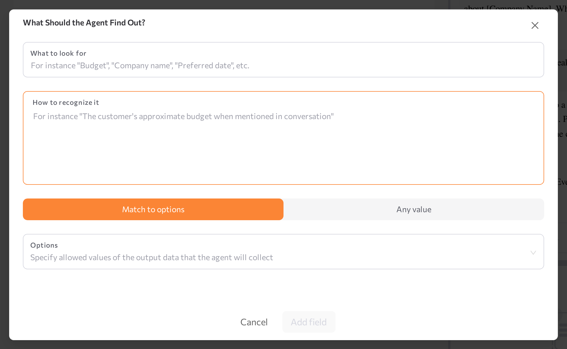 'What Should the Agent Find Out?' window with Match to options selected