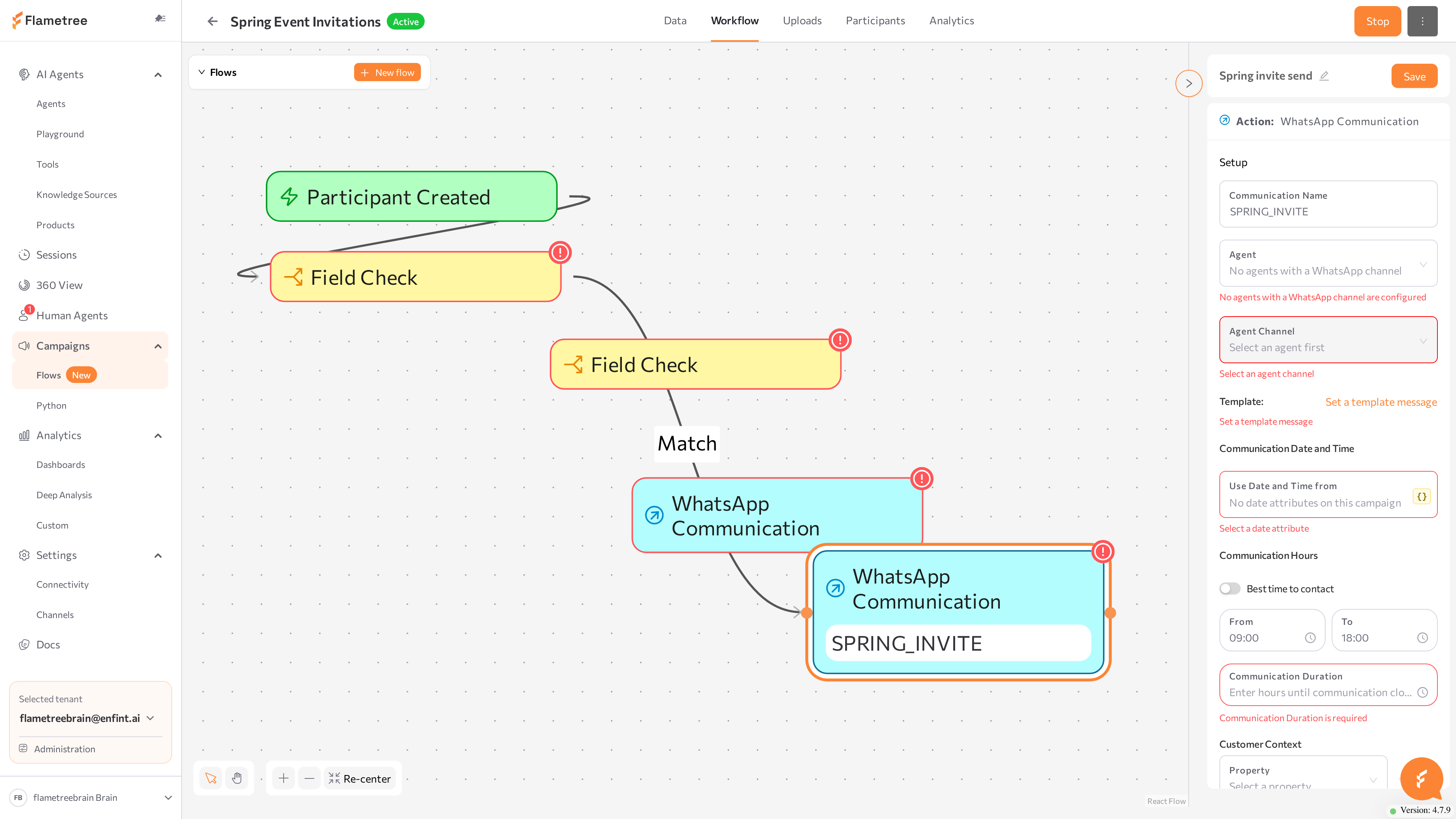 WhatsApp Communication configuration panel