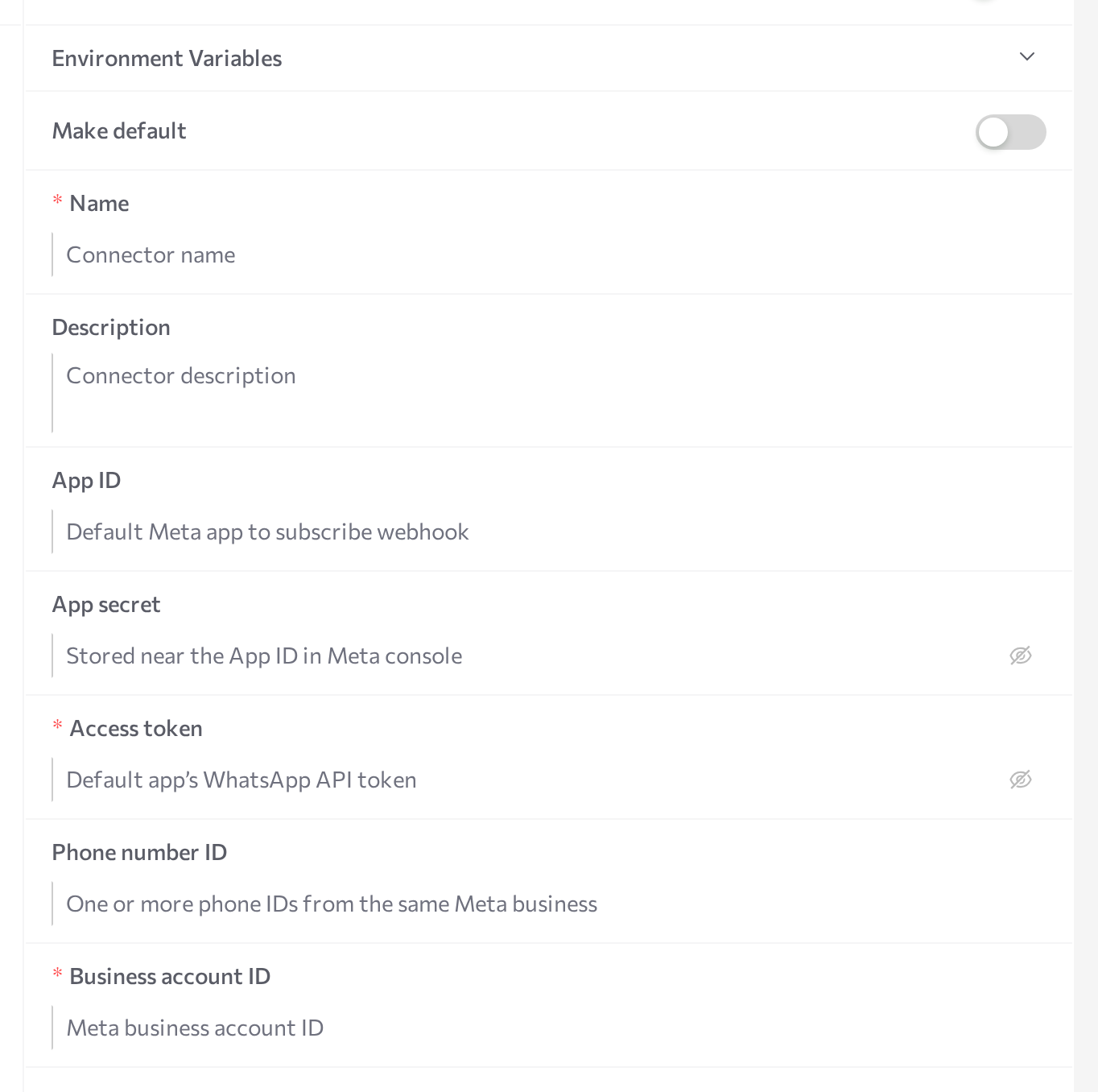 WhatsApp New connector form in Advanced mode with the Meta credential fields