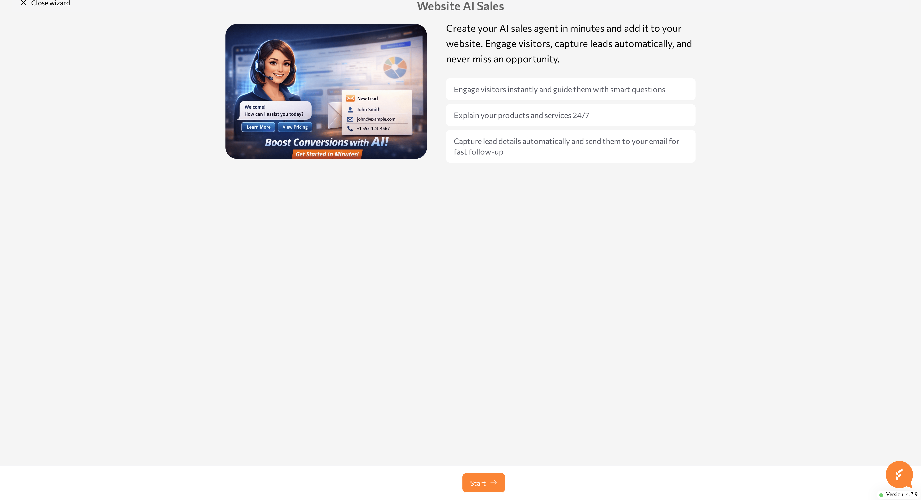 wizard intro page with the Start button